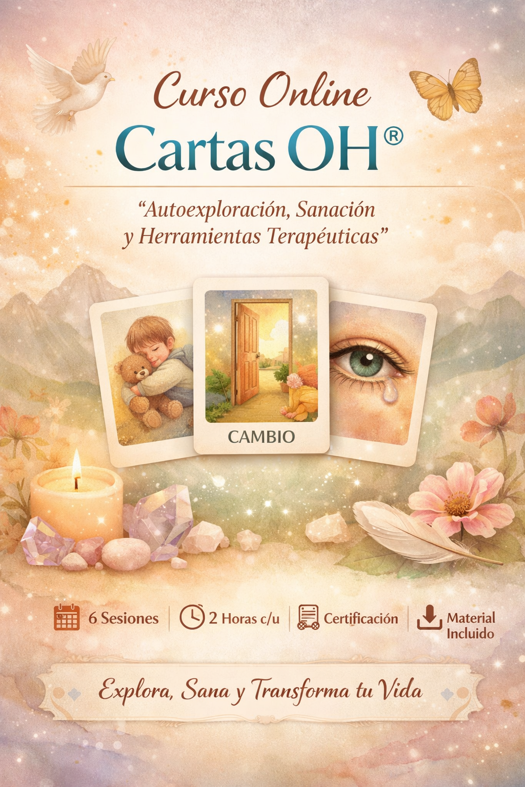 - Duración 6 sesiones
- Fechas a convenir on line
- Valor completo (incluye materiales y protocolos, No incluye cartas):
$90.000 pesos chilenos
USD 100
90 EUR